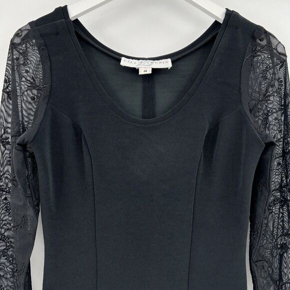 Vintage Lillie Rubin Black Midi Dress Side‎ Leg Slit Lace Sleeves Size Medium - Picture 2 of 10